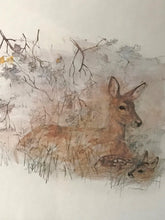 Load image into Gallery viewer, Framed Mads Stage Watercolor of Doe & Fawn | Value $175