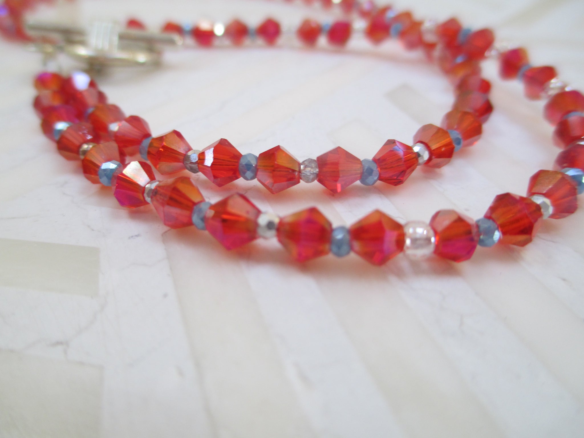 Red Freshwater Rice Pearls, Clear Swarovski Crystal Beads, Black Glass Beads  and Red Seed Beads Necklace