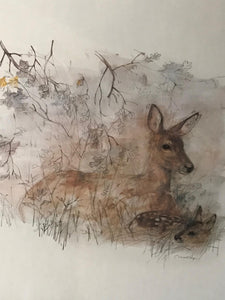 Framed Mads Stage Watercolor of Doe & Fawn | Value $175